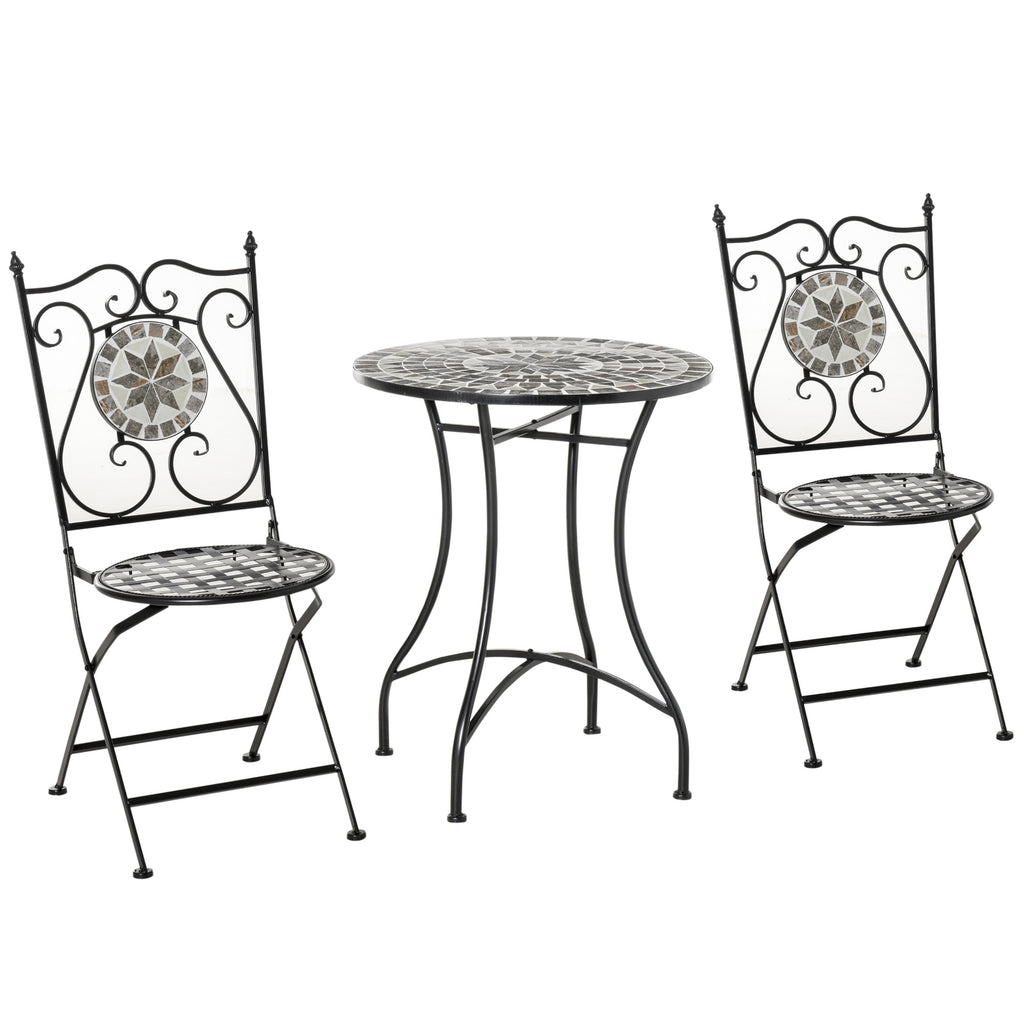 3 Pcs Mosaic Tile Bistro Set - Metal Frame Garden Furniture with Folding Chairs and Elegant Scrolling - Ideal for Outdoor Patio or Balcony Seating