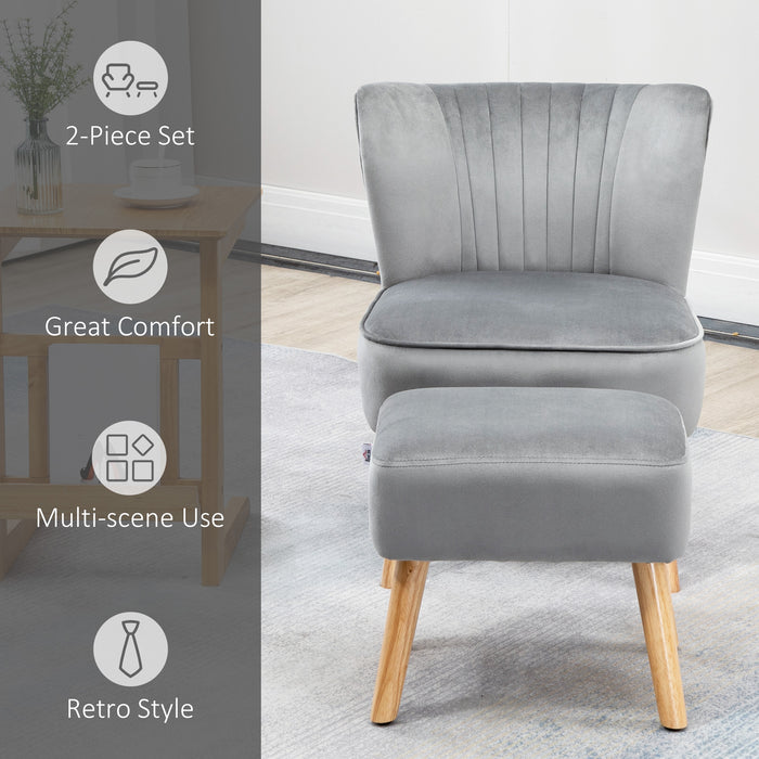 Velvet Tub Chair with Ottoman - Padded Occasional Accent Seat with Curved Back and Wooden Legs - Stylish Seating for Home Comfort in Light Grey