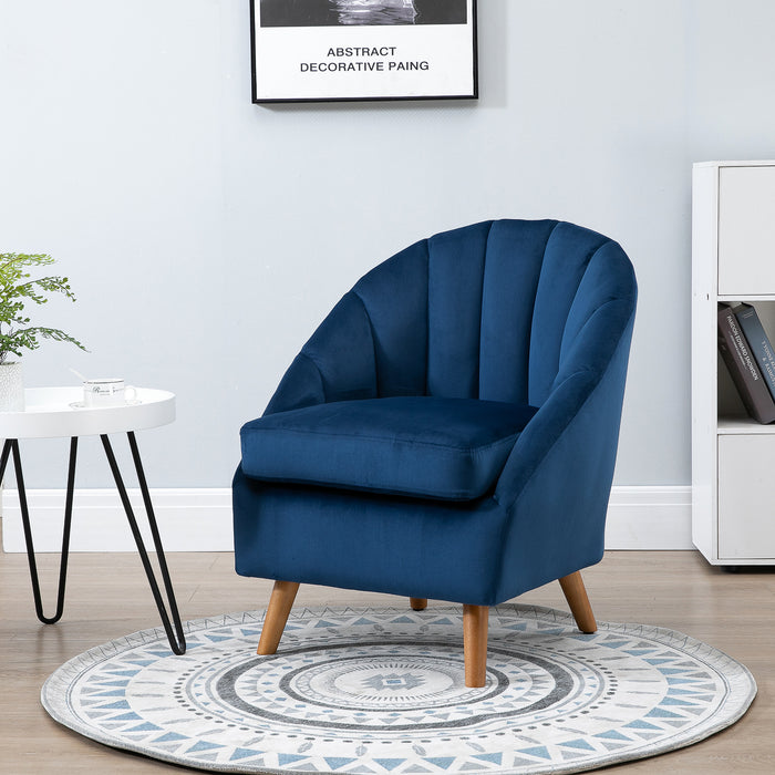 Velvet Fabric Accent Chair - Single Sofa Armchair with Solid Wood Legs for Home Living Room - Upholstered Side Chair in Elegant Blue