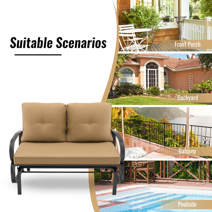 Outdoor Glider Bench 2-Person - Cushions Included, Rustproof Steel Frame, Brick Red - Ideal for Garden and Patio Lounge Seating