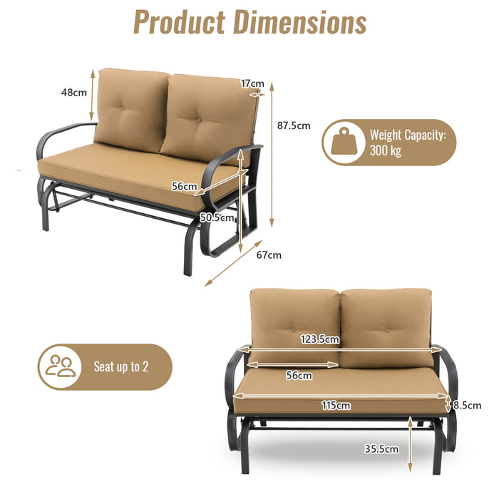 Outdoor Glider Bench 2-Person - Cushions Included, Rustproof Steel Frame, Brick Red - Ideal for Garden and Patio Lounge Seating