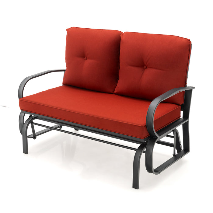 Outdoor Glider Bench 2-Person - Cushions Included, Rustproof Steel Frame, Brick Red - Ideal for Garden and Patio Lounge Seating