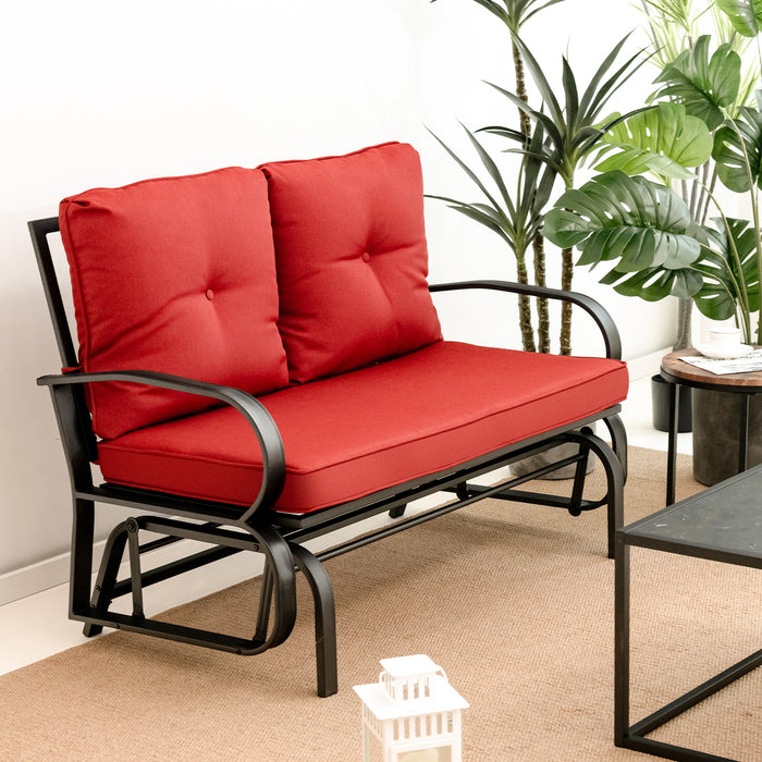 Outdoor Glider Bench 2-Person - Cushions Included, Rustproof Steel Frame, Brick Red - Ideal for Garden and Patio Lounge Seating