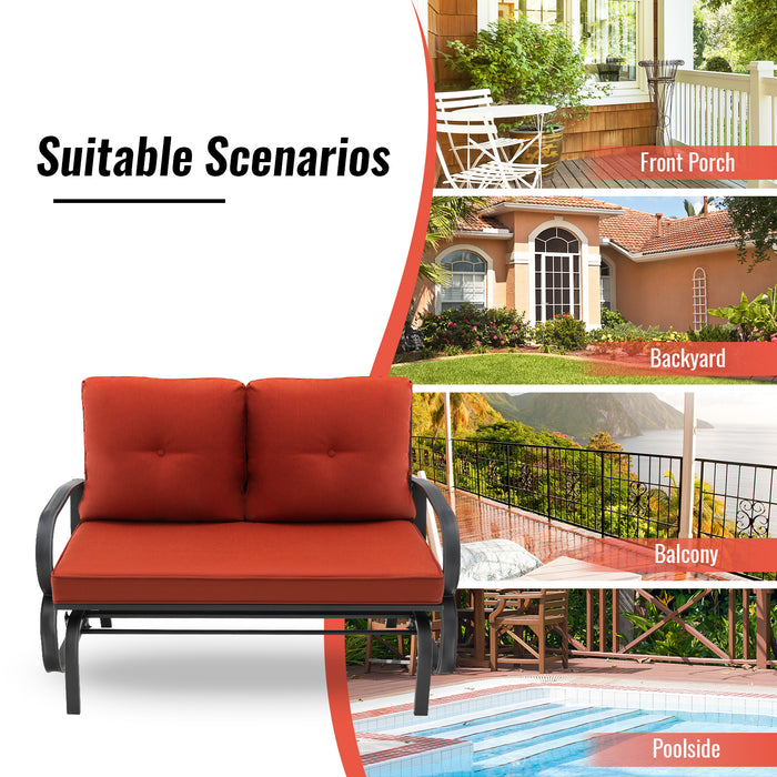 Outdoor Glider Bench 2-Person - Cushions Included, Rustproof Steel Frame, Brick Red - Ideal for Garden and Patio Lounge Seating
