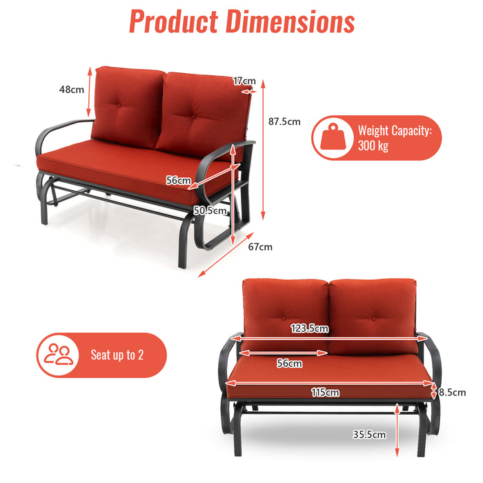 Outdoor Glider Bench 2-Person - Cushions Included, Rustproof Steel Frame, Brick Red - Ideal for Garden and Patio Lounge Seating