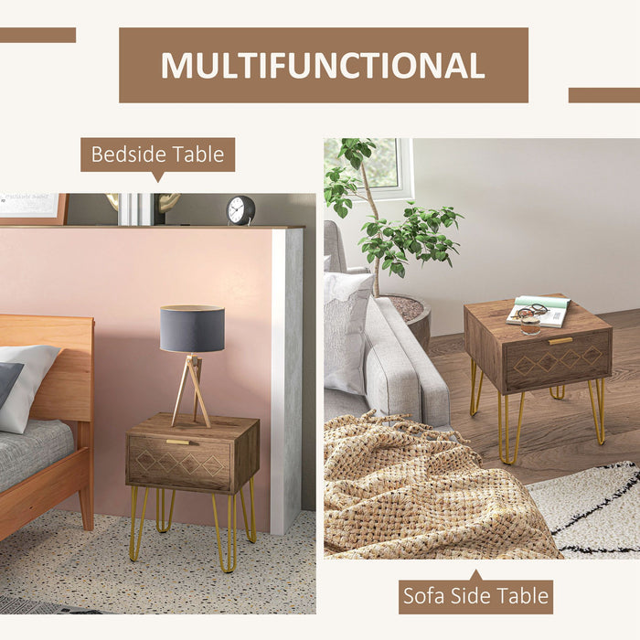 Wooden Nightstand with Storage Drawer - Modern Bedside Table & Sofa Side Table with Gold Tone Metal Legs - Ideal for Living Room and Bedroom Organization
