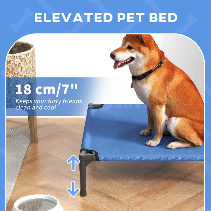 Elevated Portable Pet Cot - Medium-Sized Raised Dog Bed with Sturdy Metal Frame, Blue - Ideal for Camping and Outdoor Comfort