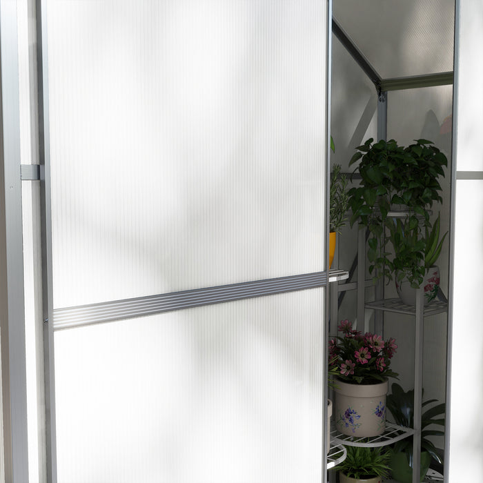 Polycarbonate Walk-In Greenhouse - 6x2.5ft Silver Structure with Rain Gutter and Sliding Door - Ideal for Garden Plant Growth & Weather Protection