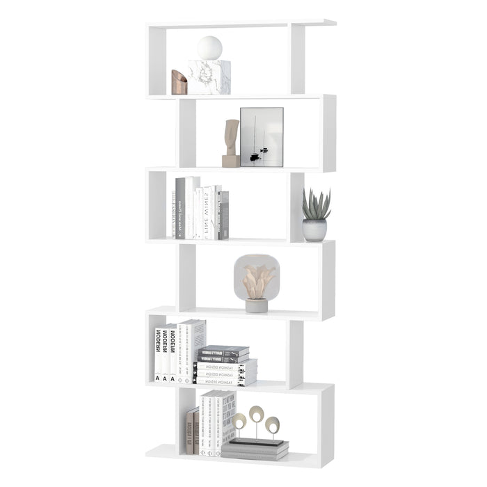 Elegant White S-Shaped Wooden Bookcase - 6-Shelf Storage and Display Unit with Room Divider Function - Versatile Organizational Solution for Home or Office