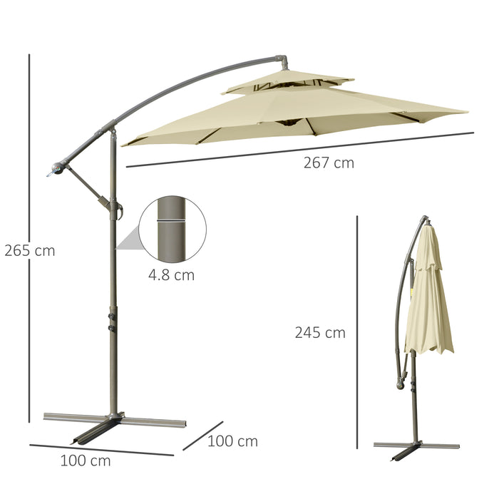 Garden Banana Parasol Cantilever Umbrella, 2.7m - Double-Tier Canopy with Crank Handle and Cross Base - Perfect for Outdoor Patio Sun Shade, Beige
