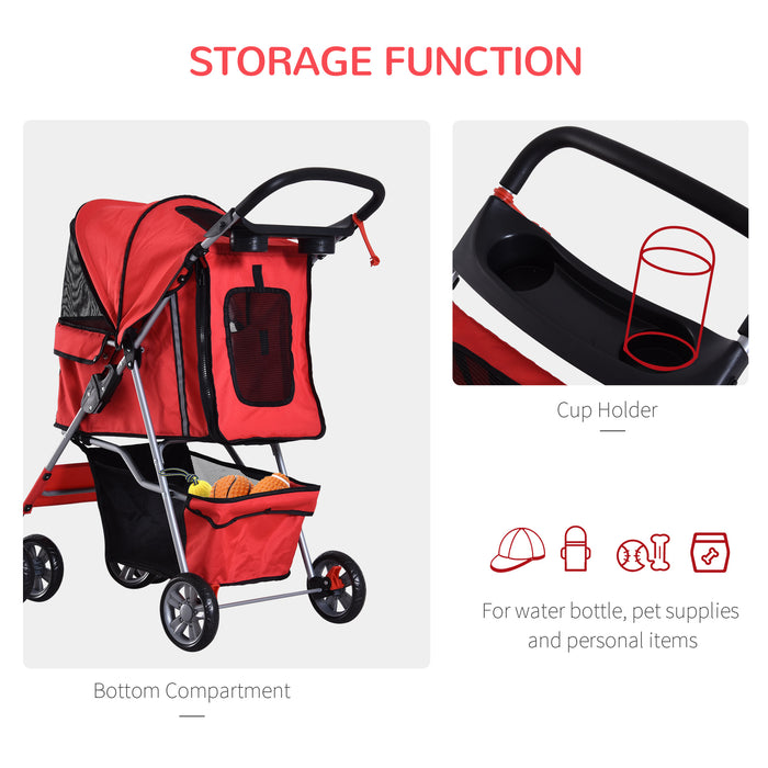 Folding Pet Stroller for Small Dogs - Weather-Resistant Canopy, Cup Holder, Undercarriage Storage - Safe Strolls with Reflective Safety Features in Red