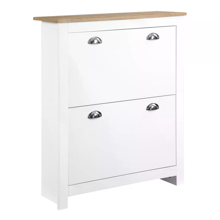 Modern White 2-Drawer Shoe Cabinet - Narrow Hallway Organizer with Flip Doors & Adjustable Shelves - Stores Up to 12 Pairs of Footwear