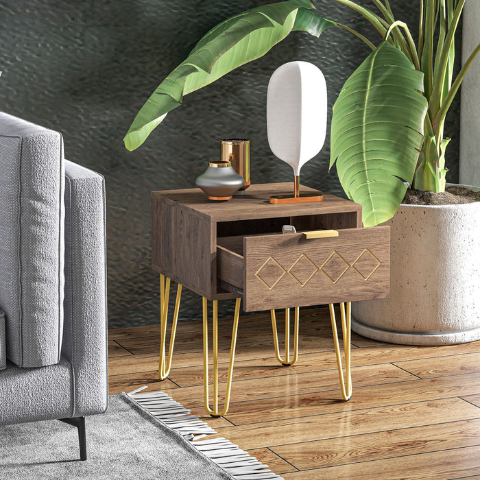 Wooden Nightstand with Storage Drawer - Modern Bedside Table & Sofa Side Table with Gold Tone Metal Legs - Ideal for Living Room and Bedroom Organization