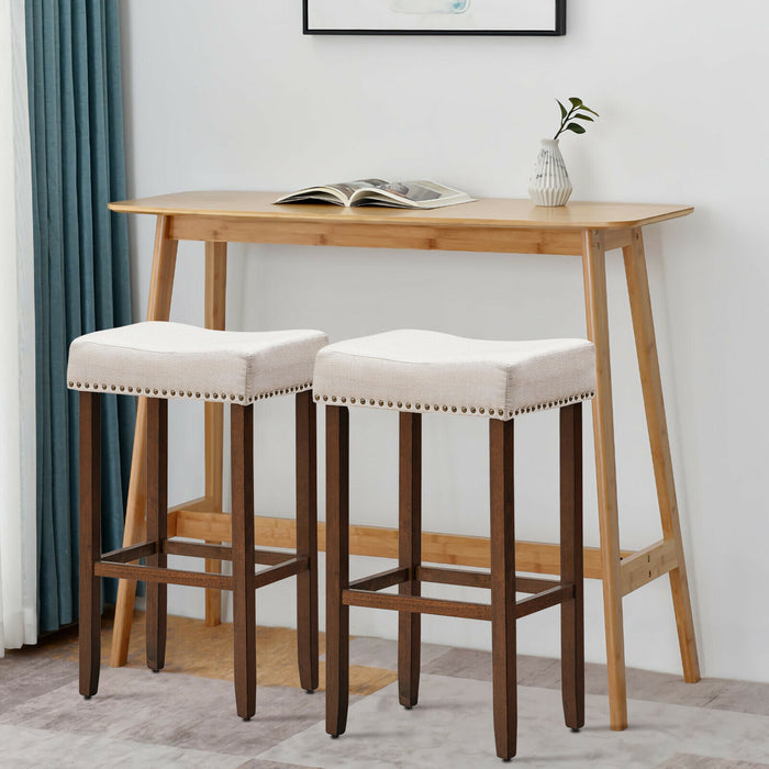 Set of 2 Bar Stools - Traditional Beige Upholstered Design - Perfect for Home Bars or Kitchen Counters