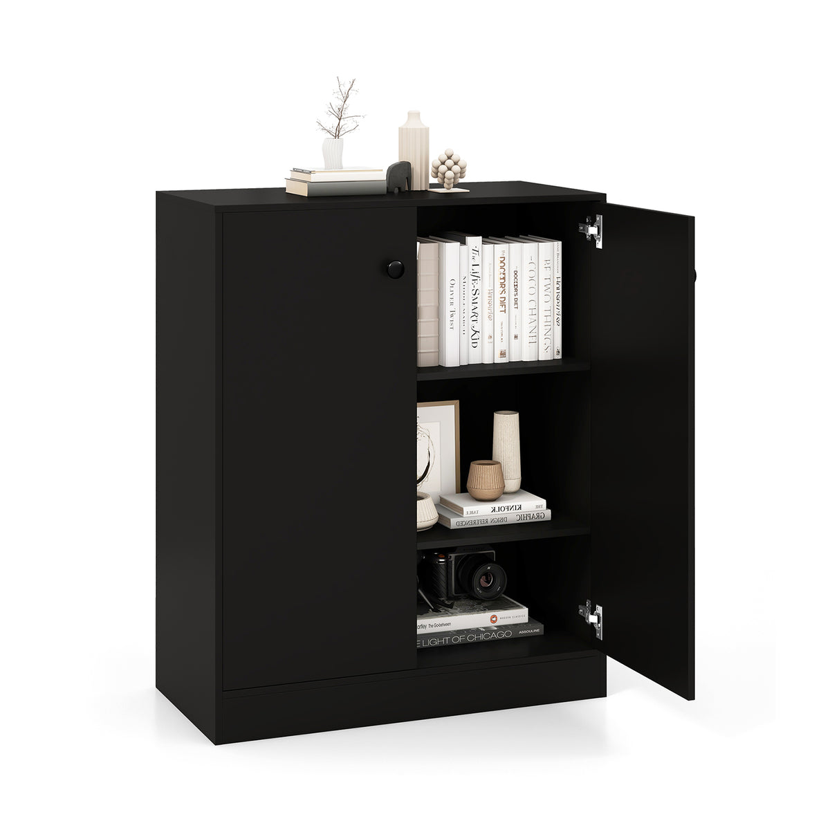 Black Storage Cabinet - 2-Door Design with 3 Shelves - Ideal Storage Solution for Home or Office