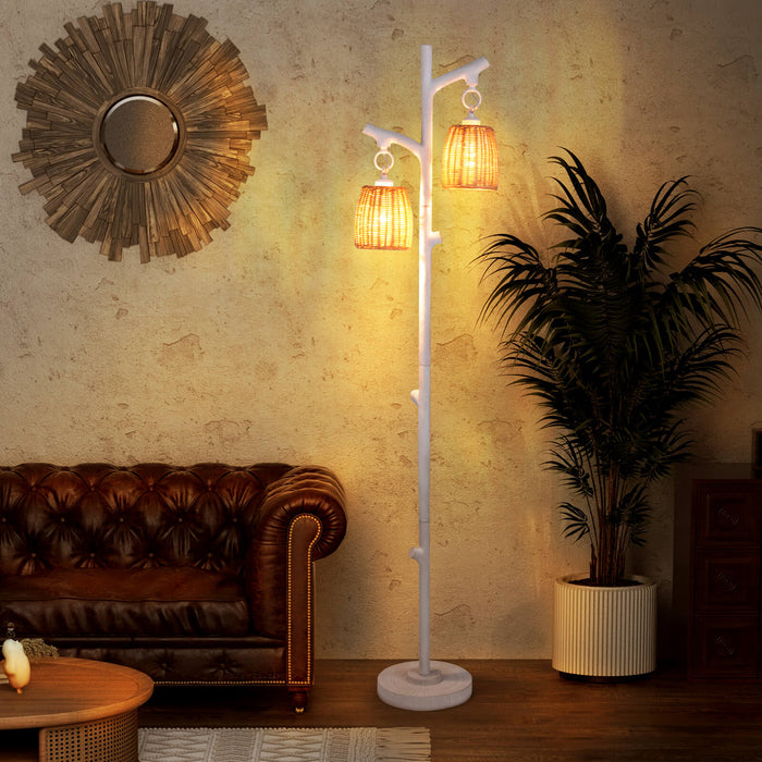 Farmhouse Dimmable Floor Lamp - 2 Light, Rattan Style, Foot Switch, White - Perfect for Stylish & Rustic Home Lighting Solutions