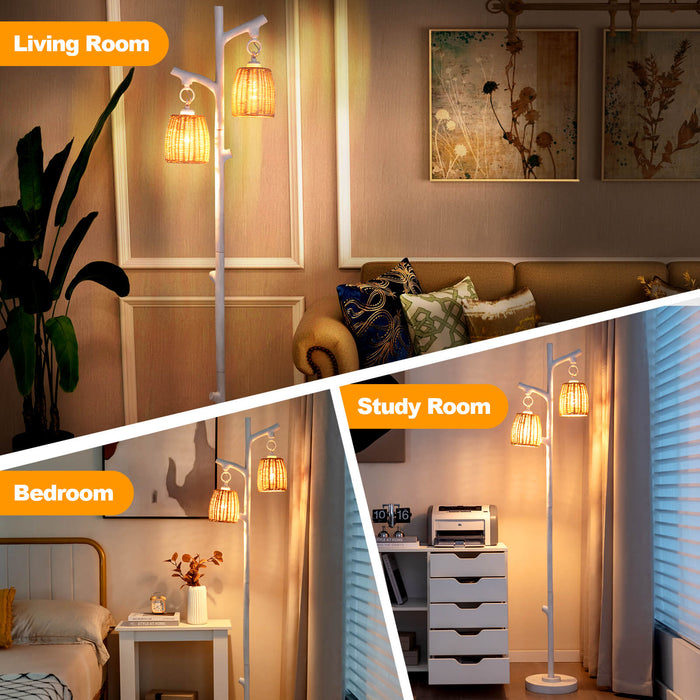 Farmhouse Dimmable Floor Lamp - 2 Light, Rattan Style, Foot Switch, White - Perfect for Stylish & Rustic Home Lighting Solutions
