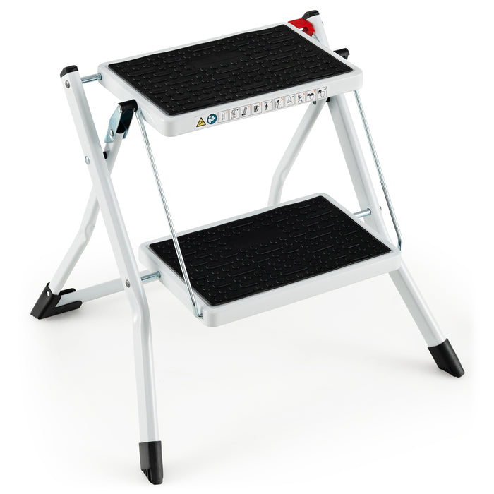 Portable 2-Step Ladder - With Handle and Non-Slip Foot Mats, White Edition - Ideal for Safe and Secure Height Access