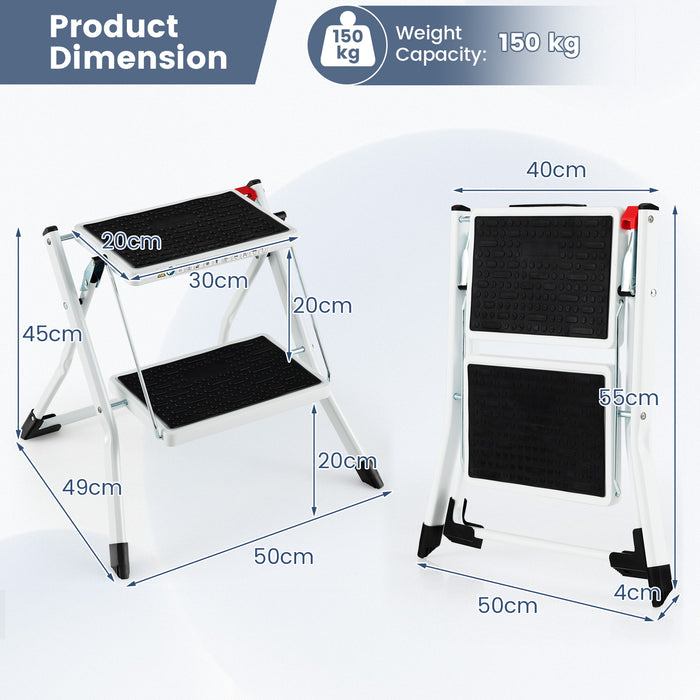 Portable 2-Step Ladder - With Handle and Non-Slip Foot Mats, White Edition - Ideal for Safe and Secure Height Access