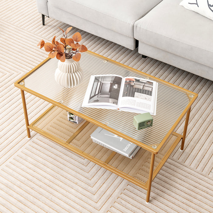 2-Tier Coffee Table - Tempered Glass Top with Shelf, Golden Finish - Ideal for Living Room Decor and Storage Solutions