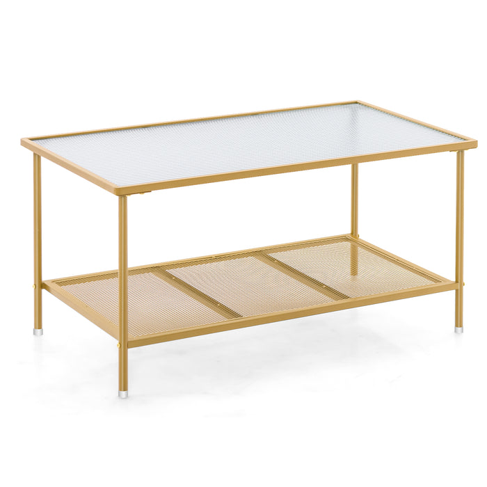 2-Tier Coffee Table - Tempered Glass Top with Shelf, Golden Finish - Ideal for Living Room Decor and Storage Solutions