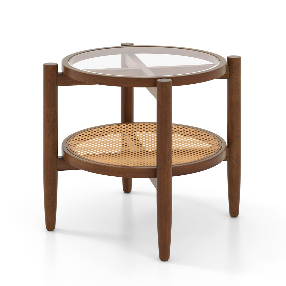 PE Rattan - 2-Tier Round Side End Table with Tempered Glass Tabletop - Perfect for Indoor and Outdoor Use