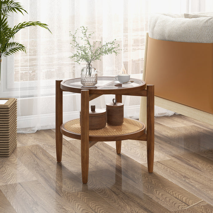 PE Rattan - 2-Tier Round Side End Table with Tempered Glass Tabletop - Perfect for Indoor and Outdoor Use