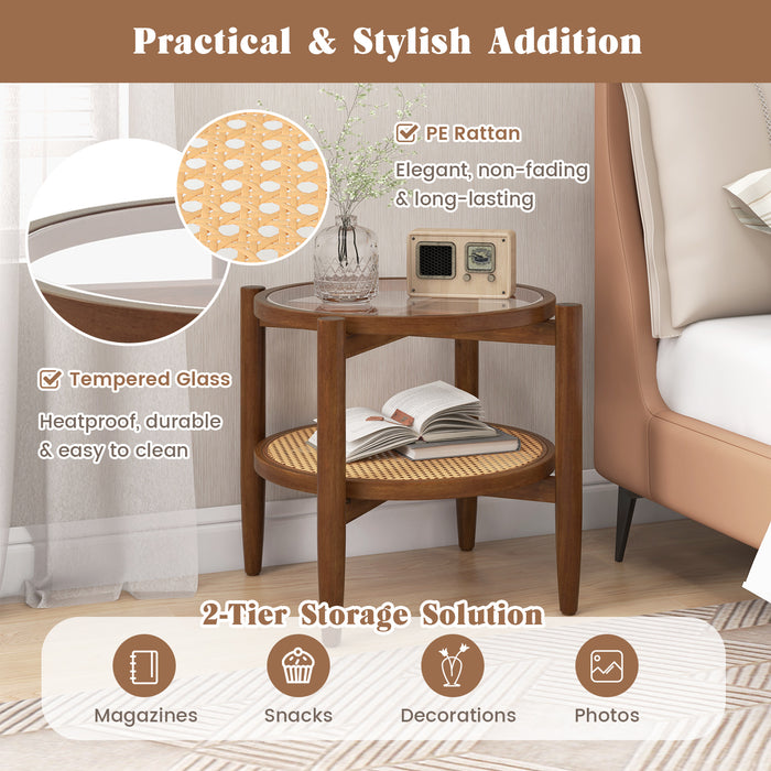 PE Rattan - 2-Tier Round Side End Table with Tempered Glass Tabletop - Perfect for Indoor and Outdoor Use