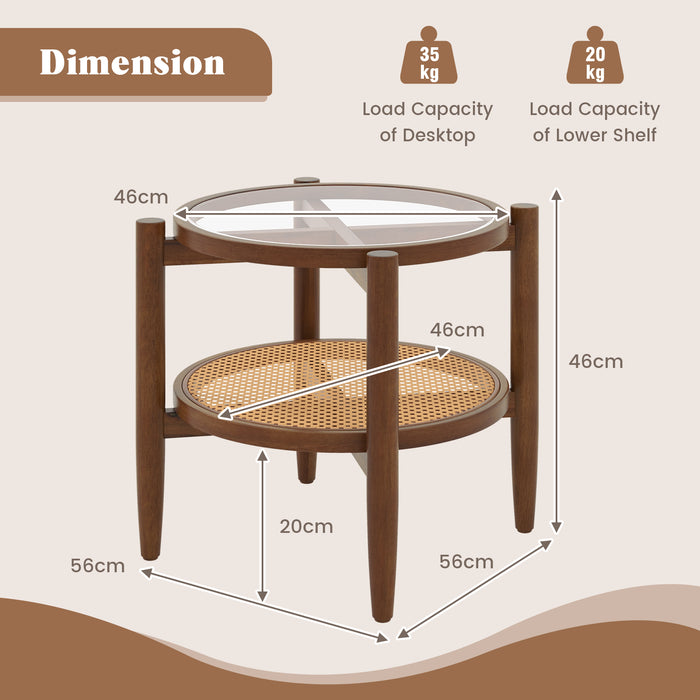 PE Rattan - 2-Tier Round Side End Table with Tempered Glass Tabletop - Perfect for Indoor and Outdoor Use
