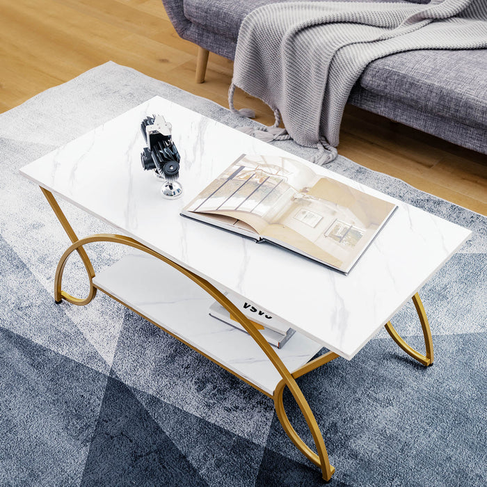 Faux Marble Golden Frame Coffee Table - 2-Tier, Marble White Color - Ideal for Modern and Elegant Home Decor