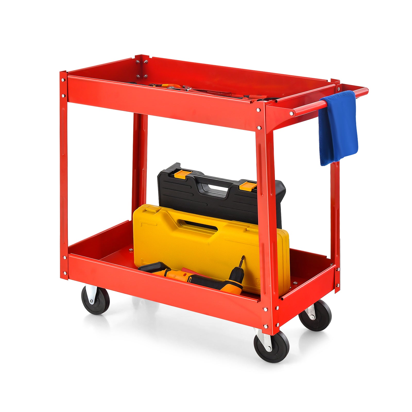 Tool Trolley - 2 Tiers with Handle and 4 Wheels in Red - Ideal for Workspace Organization and Transportation