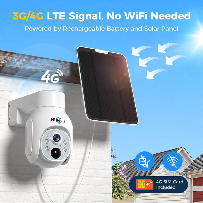 HISEEU TD473 - Solar Powered 4G Outdoor Security Camera with 360° PTZ, HD Color Night Vision & 2-Way Talk - IP66 Waterproof Home Surveillance Solution