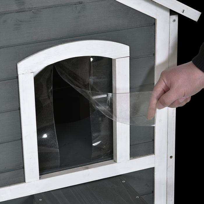 Waterproof Solid Wood Cat Condos - 2-Story Outdoor Pet House with Grey Finish - Ideal Shelter for Cats