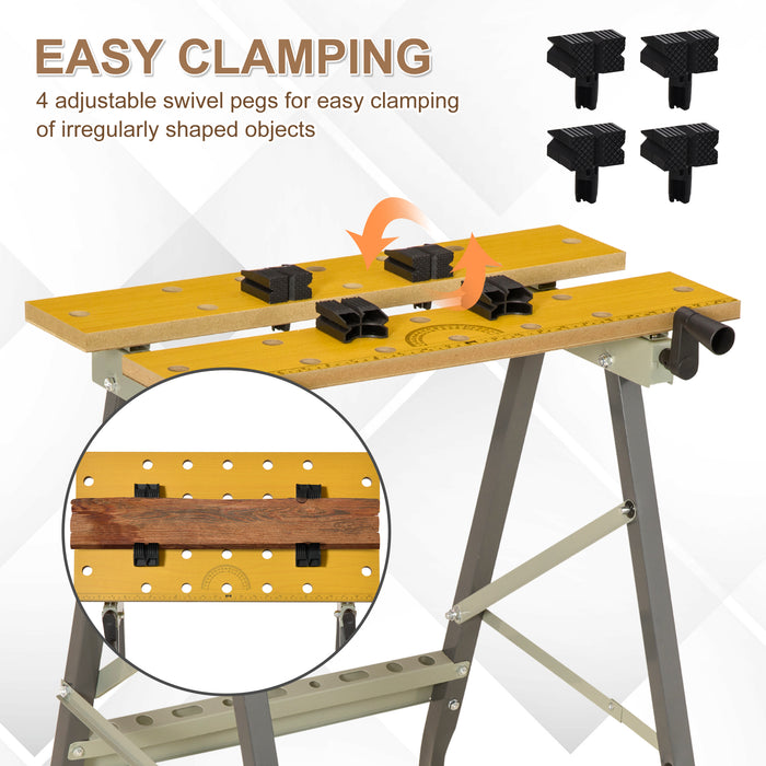 4-in-1 Work Bench and Saw Horse - Versatile Folding Clamp Table with Adjustable Clamping Pegs - Ideal for Home DIY Projects and Garage Workshops
