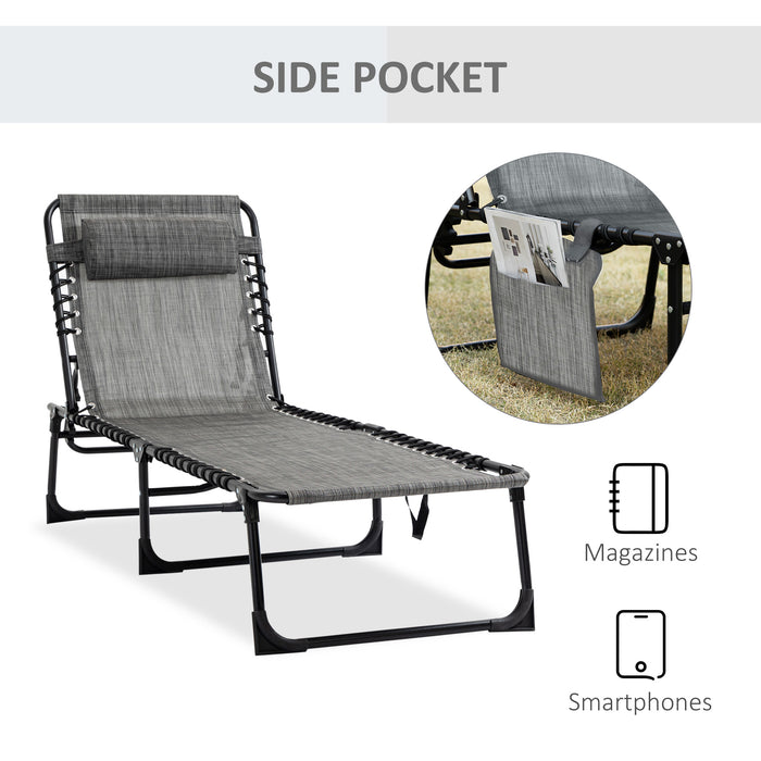 Reclining Sun Lounger with Pillow - Adjustable 5-Position Backrest, Folding Camp Bed Cot in Mixed Grey - Perfect for Outdoor Relaxation and Sunbathing