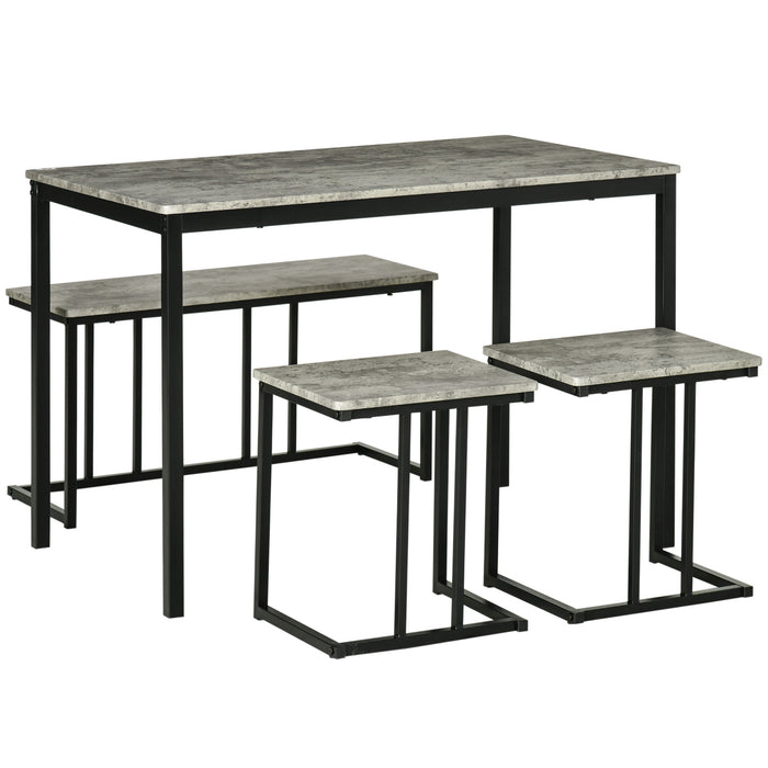 Concrete-Effect Dining Ensemble for Four - Steel-Framed Kitchen Table & Bench Set with Grey Finish - Ideal for Family Meals and Small Space Dining