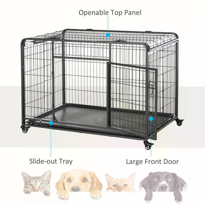 Heavy Duty Foldable Dog Kennel 125x76x81cm - Metal Pet Cage with Double Doors, Removable Tray, Lockable Wheels - Secure and Spacious Playpen for Dogs