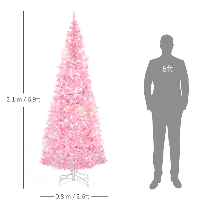 Pencil Slim 7-Foot Pre-Lit Artificial Christmas Tree - 350 Warm White LED Lights with 818 Realistic Tips - Slim Pink Xmas Tree for Holiday Decor