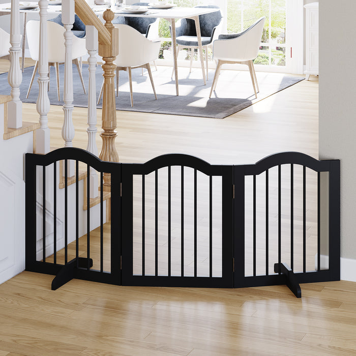 Foldable Wooden Dog Gate with Support Feet - Small Pet Fence Stepover Panel, Freestanding Safety Barrier - Ideal for House, Doorway, Stairs, in Black