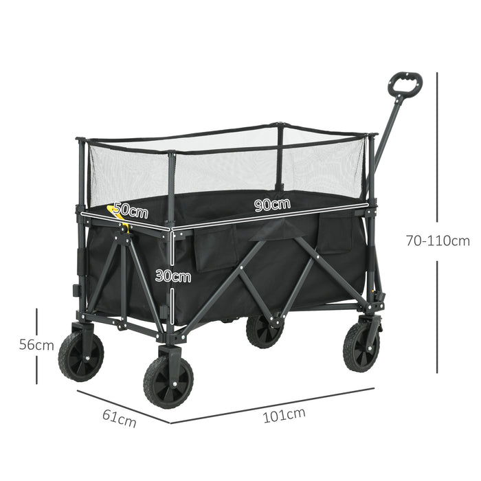 180L Folding Garden Trolley with Extendable Side Walls - Versatile Wagon Cart for Beach, Camping & Festival Use - Sturdy Black Utility Cart for Outdoor Adventures