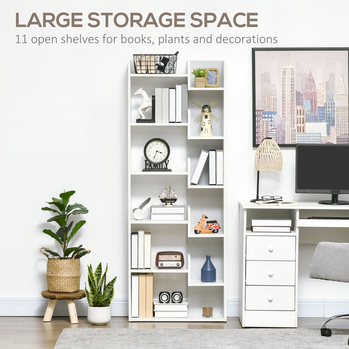 6-Tier Bookshelf - Modern White Bookcase with 11 Open Shelves for Decorative Storage - Ideal for Home Office and Study Organization