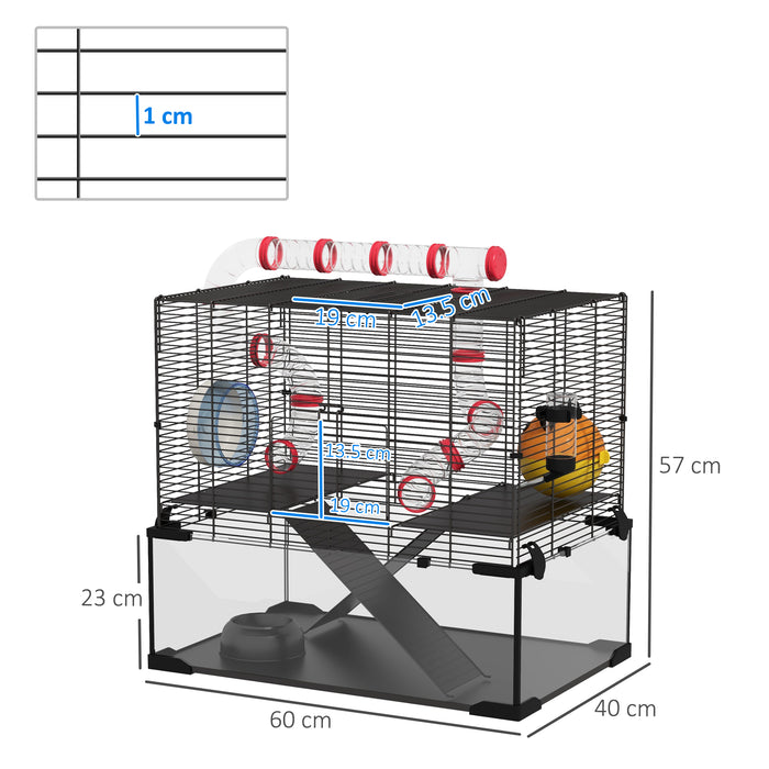 Dwarf Hamster & Gerbil Cage with Deep Glass Base - Includes Tunnels, Cozy Hut, and Exercise Wheel for Small Pet Enrichment - Spacious 60x40x57 cm Habitat for Rodent Comfort