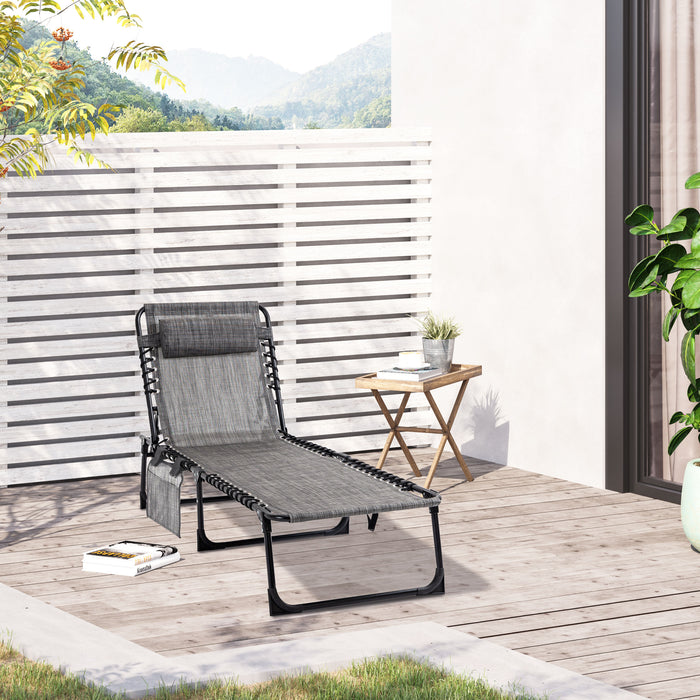 Reclining Sun Lounger with Pillow - Adjustable 5-Position Backrest, Folding Camp Bed Cot in Mixed Grey - Perfect for Outdoor Relaxation and Sunbathing