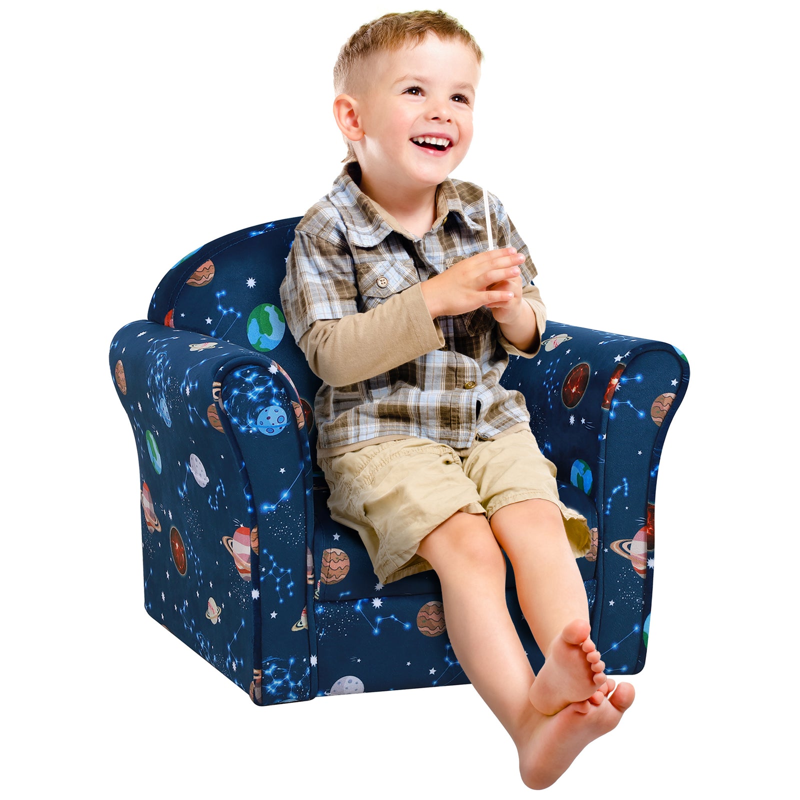 Kids Planet-Themed Cozy Armchair - Sturdy Wood Construction with Non-Slip Feet in Blue - Perfect Seating for Children's Rooms