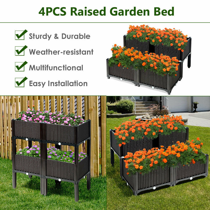 4-Piece Raised Garden Bed Set - Brown Beds with Self-Watering Disks for Planting - Perfect for Gardening Enthusiasts
