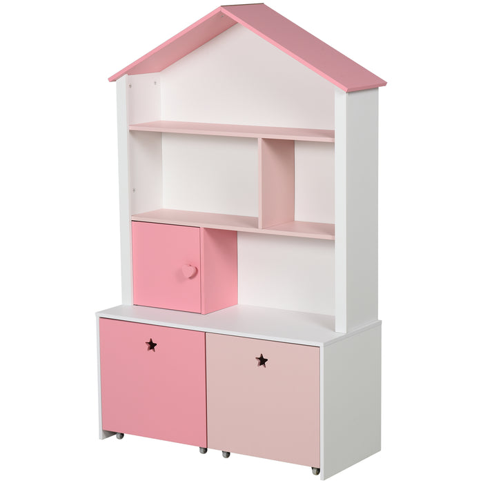 Kids Toy Storage and Bookshelf with Drawer - Rolling Wooden Organizer and Display Stand, 80x34x130cm, Pink - Ideal for Child's Room Organization