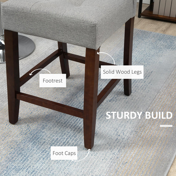 Modern Padded Bar Stools (Set of 2) - Thick Cushioning with Elegant Tufted Back and Sturdy Wooden Legs in Grey - Ideal for Kitchen Counter and Home Bar Comfort Seating