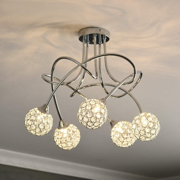 Modern Crystal Ball Chandelier - 5-Shade Ceiling Pendant Light Fixture with G9 Bulbs - Elegant Silver Lighting for Living Room and Dining Area