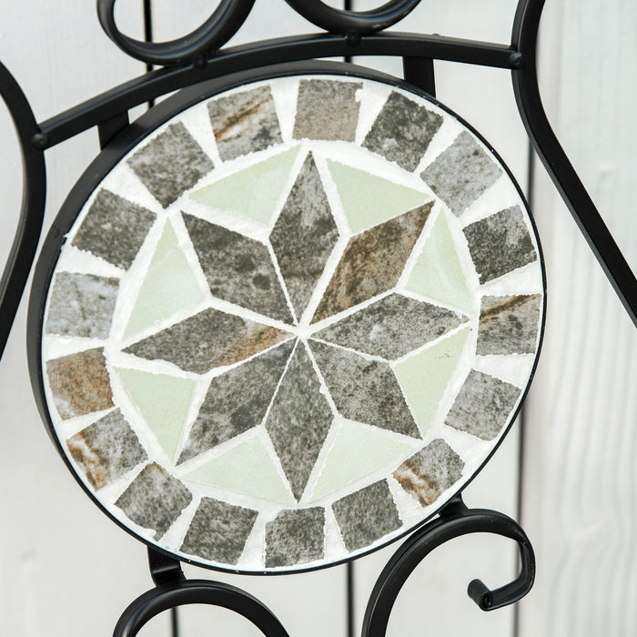 3 Pcs Mosaic Tile Bistro Set - Metal Frame Garden Furniture with Folding Chairs and Elegant Scrolling - Ideal for Outdoor Patio or Balcony Seating