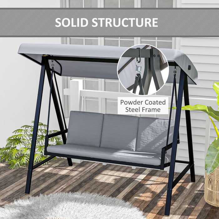 Outdoor 3-Seater Swing Chair with Steel Frame - Adjustable Canopy & Removable Cushions, Grey Hammock Bench - Perfect for Patio, Garden or Backyard Relaxation